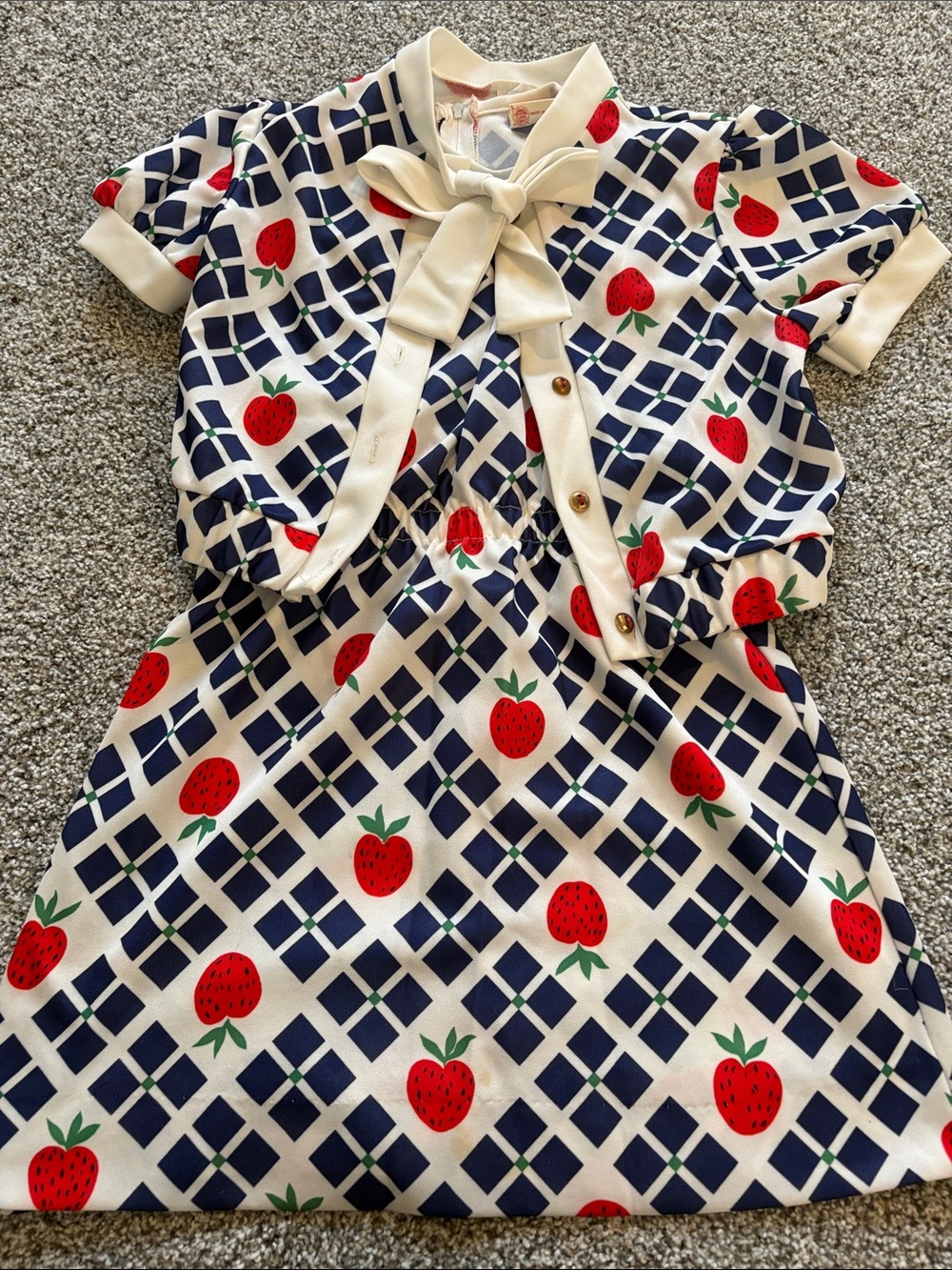 Vintage Love Kids Dress in Navy, Red and White Strawberry Print Two Piece 10